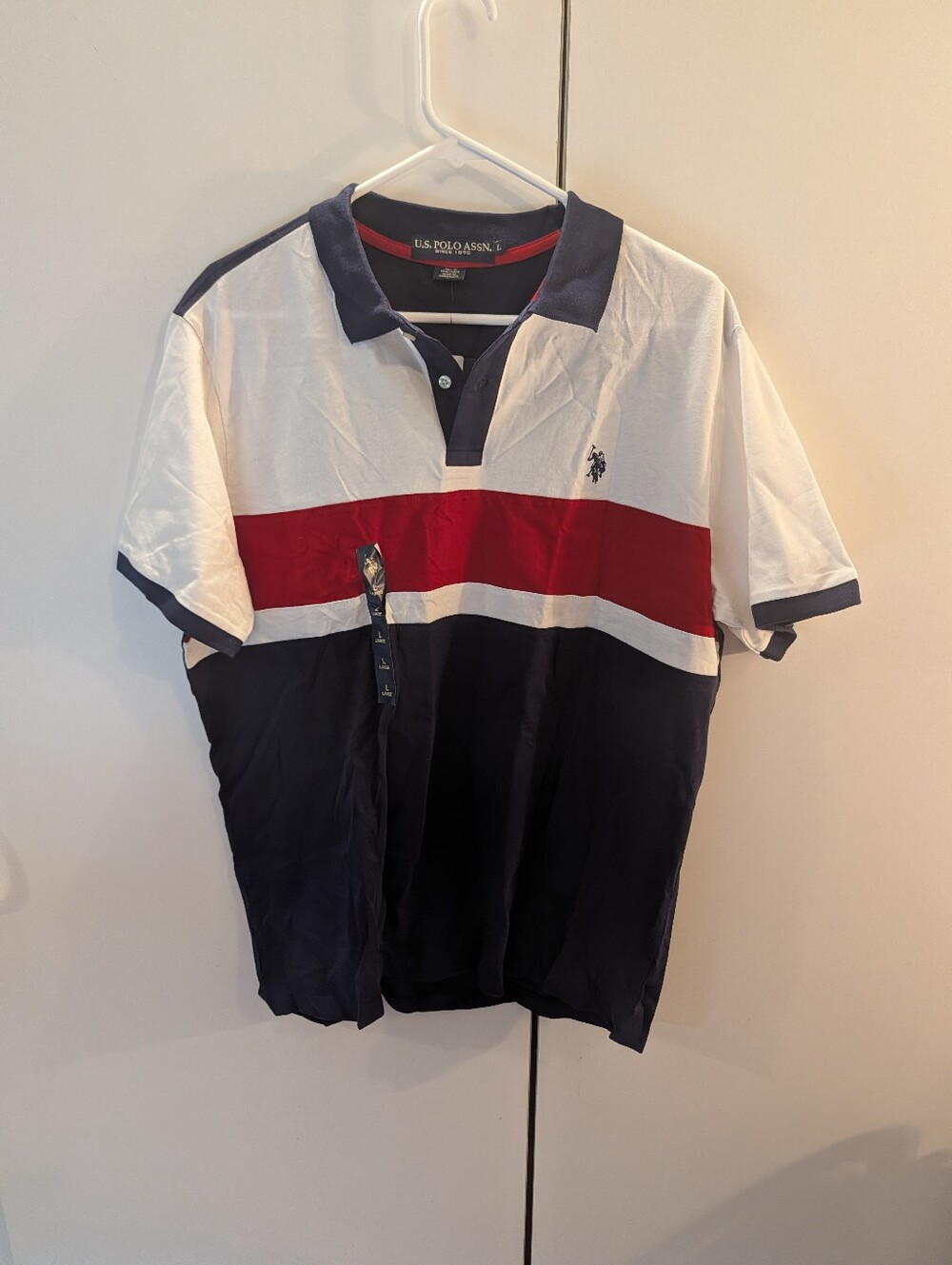 U.S. Polo Assn. Mens Large White Red Navy Colorblock Polo NWT
